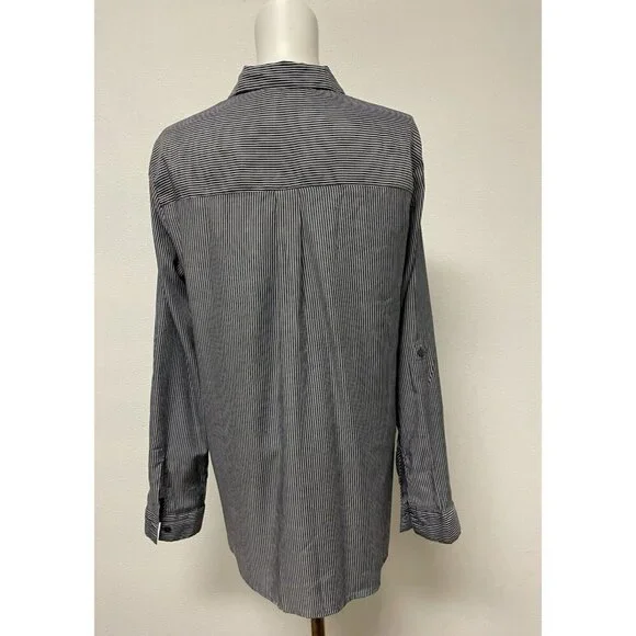 Express Womens Blouse Size Md Button Up Roll Tab Sleeve Grey/White Stripe - Picture 3 of 14
